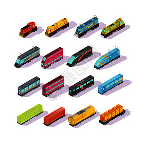 列车等距的孤立彩色机车货车乘客沙发图像与阴影矢量插图火车车厢等距装置图片