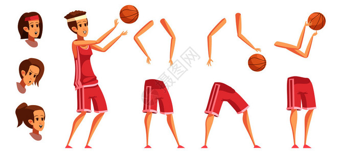 穿休闲服的甜美女性与篮球女运动员建设者复古卡通与篮球运动员元素平球手底部的图像矢量插图女运动员格建设者设定插画