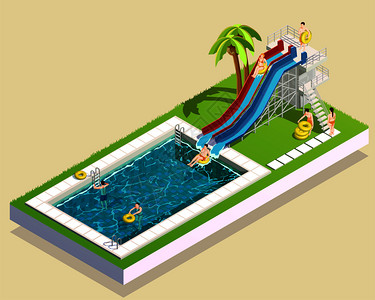 水上公园等距成的图像,水生设施图像,游泳池,滑水棕榈人类人物矢量插图水上公园滑水成背景图片