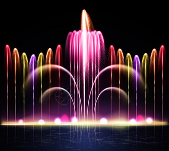 喷泉符号彩色闪光光谱喷泉,包括溪流夜间背景现实矢量插图的合灯光喷泉真实的夜晚背景插画