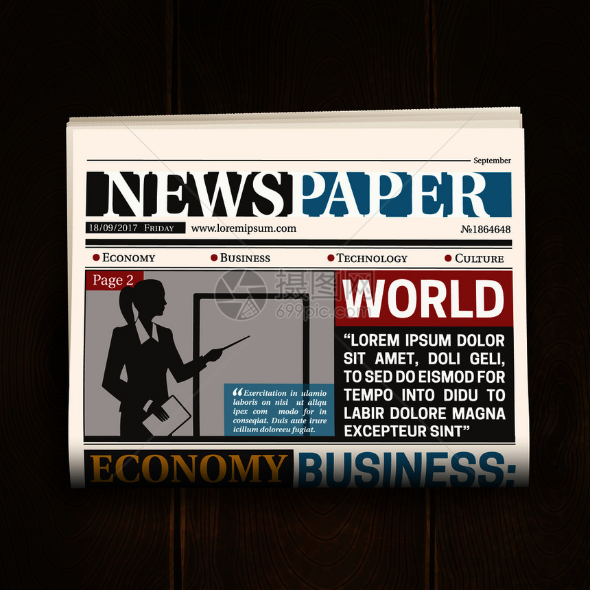 报纸头版海报与世界新闻经济商业标题暗木背景现实矢量插图头版报纸写实海报图片