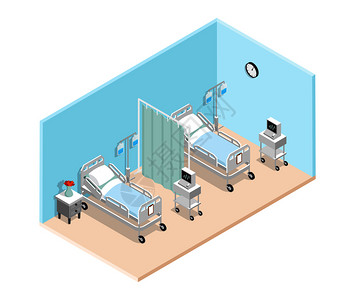 病房符号医院病房等长室内,专门的病床,为卧床病人滴管心电图矢量插图医院病房等距内部插画