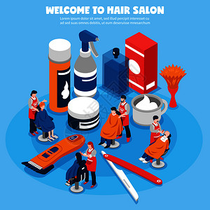 彩色等距与理发店理发师,他们的客户设备蓝色背景三维矢量插图理发店插图图片