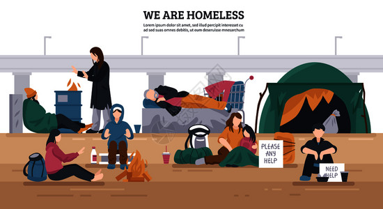 彩色平无家可归者水平背景与们无家可归的描述矢量插图无家可归的人的水平背景背景图片