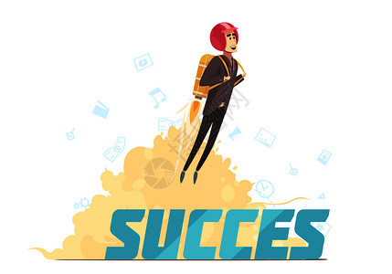 与成功素材商业初创公司推出成功的象征复古卡通海报与轻的红头发女商人向上摆矢量插图商业创业成功象征海报插画
