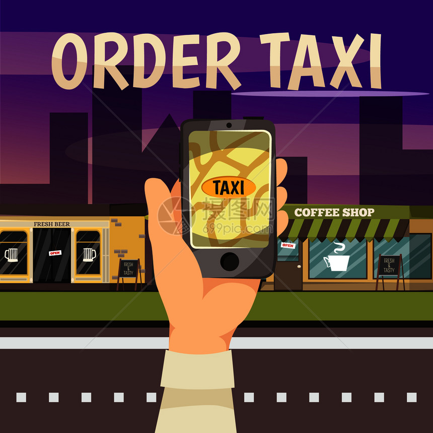 线预订服务与订购出租车用您的电话平板矢量插图线预订服务图片