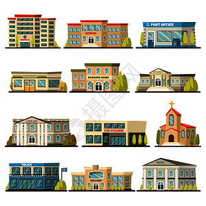 彩色市政建筑图标与邮局综合诊所学院银行图书馆医院建筑描述矢量插图彩色市政建筑图标插画