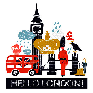 旅游伦敦海报与皇家皇冠,英镑标志,双层巴士,塔桥,大本矢量插图伦敦旅游海报图片