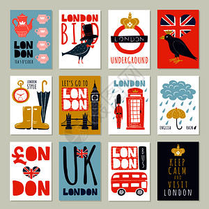 套带伦敦符号的海报横幅,包括建筑茶天气公共汽车鸟类矢量插图伦敦海报横幅图片