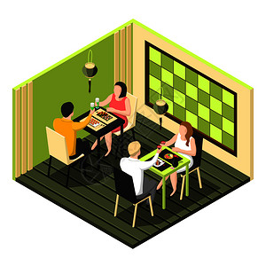 等距构图,两夫妇寿司酒吧吃白色背景三维矢量插图寿司吧的构图图片