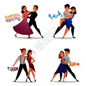 舞蹈4复古卡通图标与探戈萨尔萨舞厅华尔兹步骤矢量插图舞蹈双复古卡通套装背景图片