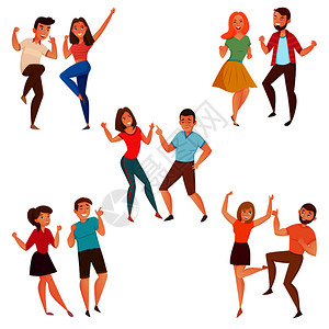 跳舞姿势跳舞的人5轻夫妇聚会街头风格移动卡通图标成海报孤立矢量插图跳舞的人5个图标成插画
