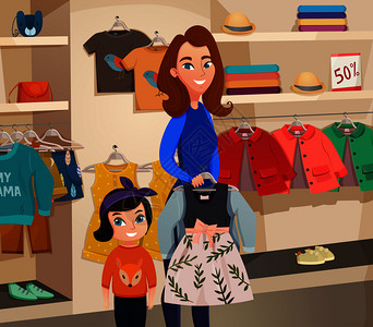 彩色平板儿童服装店的构图与母亲女儿尝试服装矢量插图儿童服装店插图图片