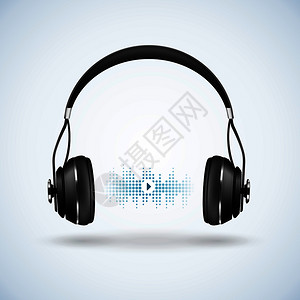 头戴式无线耳机现实的无线黑色耳机与头带光背景与声波,音频播放器标志矢量插图现实的无线耳机插图插画