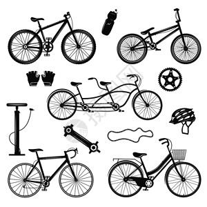 自行车刹车自行车复古元素收集轮廓图像与同的自行车模型,备件配件矢量插图自行车复古元素集插画