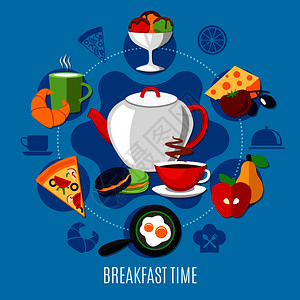 梨茶平餐厅与菜单早餐蓝色背景矢量插图平餐厅的插画