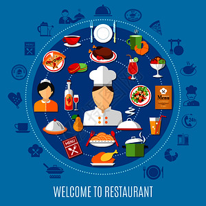 厨师服务员各种餐厅菜单菜肴的图标蓝色背景平矢量插图餐厅菜单插图图片