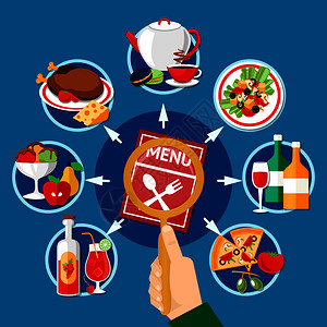 菜盘餐厅菜单与各种菜肴饮料的蓝色背景平矢量插图餐厅菜单插画