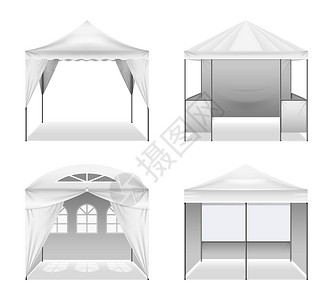 套逼真的户外折叠帐篷,各种,包括拱形窗户,圆顶屋顶孤立矢量插图实用的户外折叠帐篷背景图片
