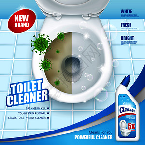 冲洗马桶抗菌马桶清洁剂广告海报,包括带绿色微生物的洗手盆肥皂泡的三维矢量插图抗菌厕所清洁剂广告海报插画