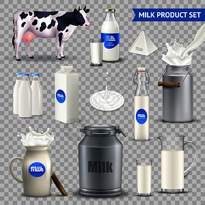 透明纸箱素材套牛奶产品各种容器与奶牛,乳制品飞溅隔离透明的背景矢量插图产品牛奶透明背景集上插画