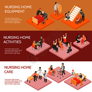 养老院3个水平信息图元素等距横幅设备日常活动孤立矢量插图养老院等距水平横幅图片