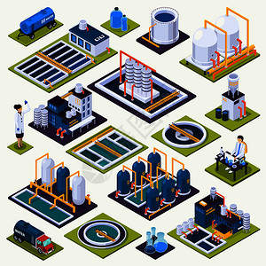 水库图标水清洗装置等距图标与净化厂设施,实验室测试,运输隔离矢量插图水清洗等距图标插画