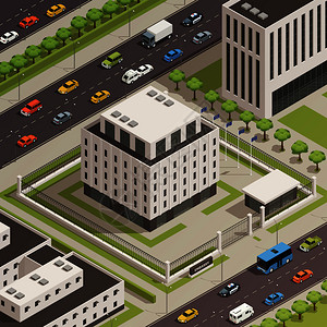 现代白石大楼及周边城市中心区繁华街道等距构图矢量插图市建筑物等距成背景图片