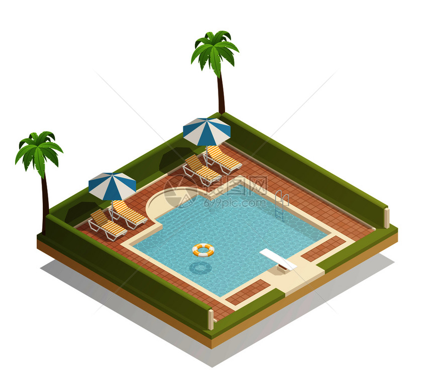 热带度假村的室外游泳池,配棕榈躺椅跳水板等距构图矢量插图游泳池室外等距成图片