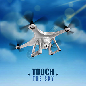 飞机视频现实的四翼无人机与数码相机飞行蓝天矢量插图现实的无人机天空插图插画