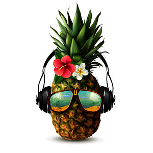 耳机配件现实的与菠萝装饰时尚配件,眼镜,耳机花白色背景矢量插图现实的菠萝插画