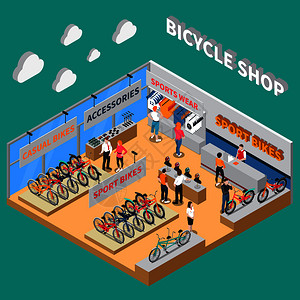 自行车等距彩色构图与自行车店运动自行车配件磨损同商店部门矢量插图自行车彩色构图背景图片
