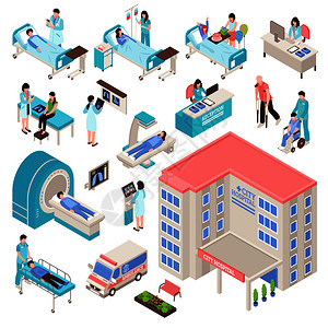 病房符号医院等距与人员设备建筑服务隔离矢量插图医院等距装置插画