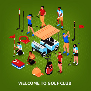 高尔夫俱乐部与游戏比赛符号等距矢量插图高尔夫俱乐部的图片