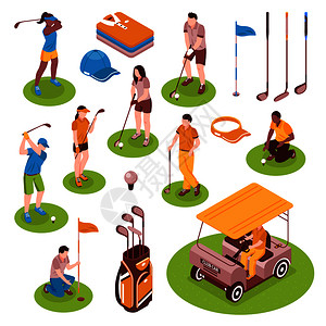 毛球器高尔夫等距图标与设备符号隔离矢量插图高尔夫等距图标插画