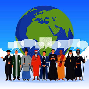 世界民族来自世界宗教的人,透明的语音气泡,扁平的构图,蓝色背景矢量插图上的地球仪来自世界宗教的人成扁平插画
