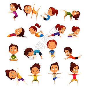 姿势签名儿童瑜伽装饰图标可爱的卡通儿童同的瑜伽姿势平矢量插图儿童瑜伽装饰图标插画