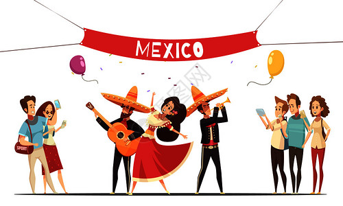 酒和音乐素材传统的墨西哥节日理念与音乐家当地服装观众与相机平矢量插图传统的墨西哥节日理念插画