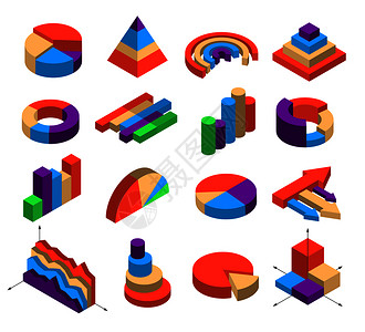 金字塔形状十六个等距图元素,用于信息布局的形状为分段条形柱,圆形金字塔,箭头,立方体,孤立矢量插图由16个等距图元素成的集合插画