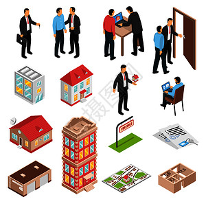 房地产代理等距与客户房地产商各种类型的建筑隔离矢量插图房地产代理等距集插画