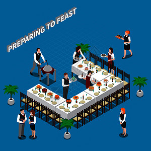 公司宴会准备与服务员餐具食物蓝色背景矢量插图上享用等距构图准备盛宴等距构图插画