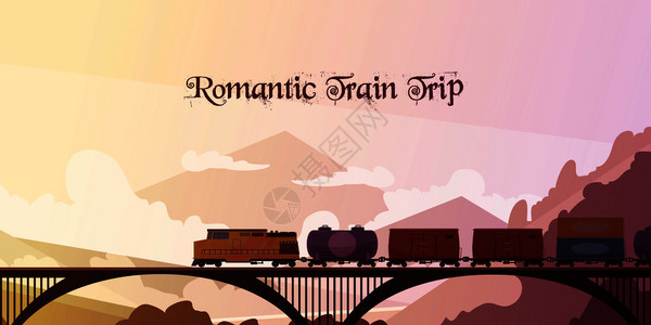 山区铁路浪漫的火车旅行平矢量插图与铁路列车桥梁山区景观背景浪漫的火车旅行背景插画