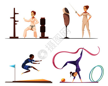 女运动员复古系列平女体操人物各种运动体育设备图像矢量插图女人运动收藏图片