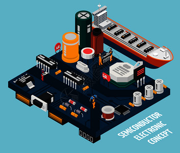 微电子彩色半导体电子元件等距海港成与浮标的海洋矢量插图半导体电子元件海港插画
