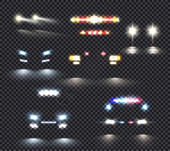 汽车灯真实透明的五图像与特殊的车辆轮廓前照灯矢量插图汽车灯透明图片