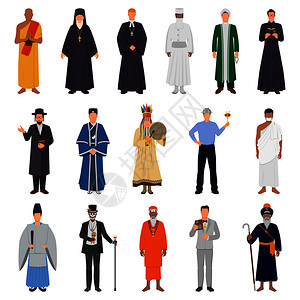 法使佛教素材来自世界宗教的传统服装,包括伊斯兰教天主教正统佛教矢量插图人们世界宗教设定插画