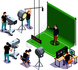 摄影工作室操作人员绿色背景下拍摄,导演给出指示,电影等距构图,三维矢量插图电影摄影等距成插画