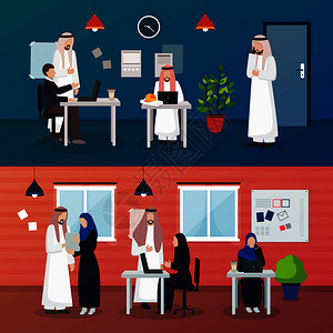 阿拉伯商人横向作文与涂鸦风格办公室内部元素男女工人人物矢量插图阿拉伯商人的作文背景图片