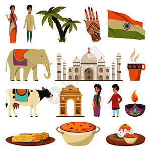 印度孟买印度正交孤立图标菜肴的民族菜肴,民族符号,历史地标,平矢量插图印度正交隔离图标集插画