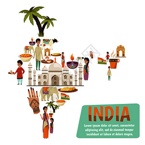 抽象印度由装饰图标成,描述著名的地标传统平矢量插图印度图片